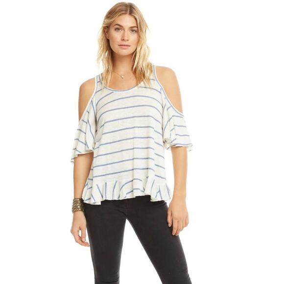 Chaser  Linen Jersey Ruffle Vent Open Back Cold Shoulder Striped Tee -M - Picture 1 of 6